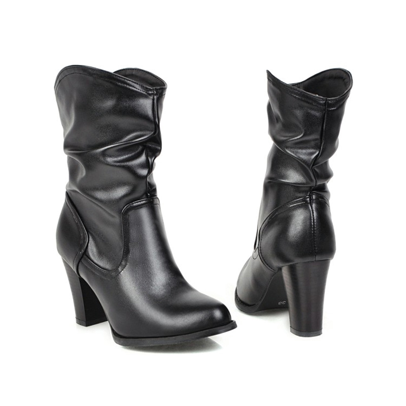 Shoeswoon Ruched Shaft Round‑Toe Wooden Block Heel Mid‑Calf Boots