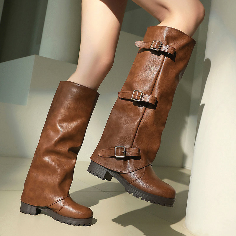 Shoeswoon Vintage Ruched Shaft Metal Buckle Platform Knee‑High Boots