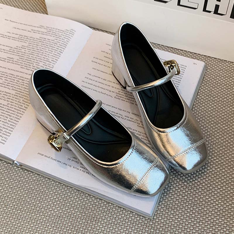 Shoeswoon Metal Buckle Square Toe Block Heel Mary Jane Pumps