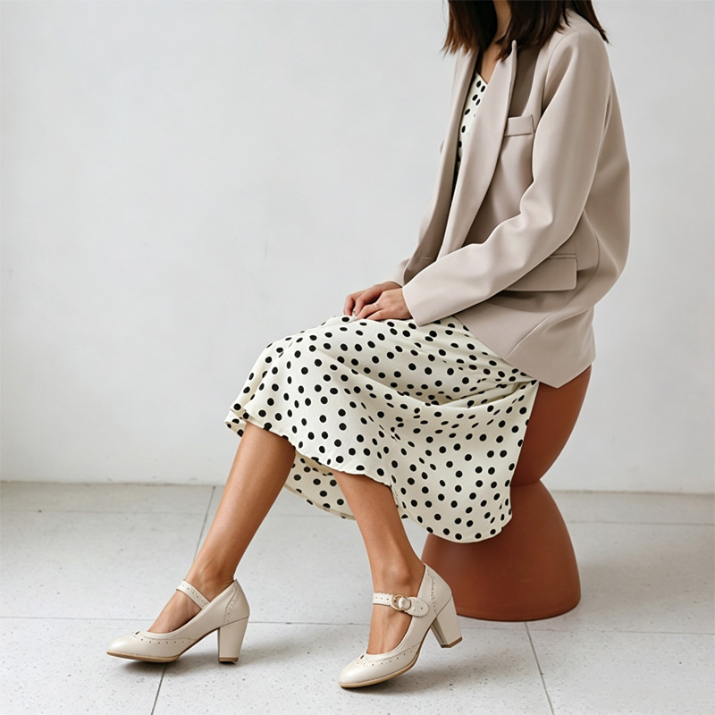Shoeswoon Scalloped Brogue Perforated Mary Jane Block Heel Pumps