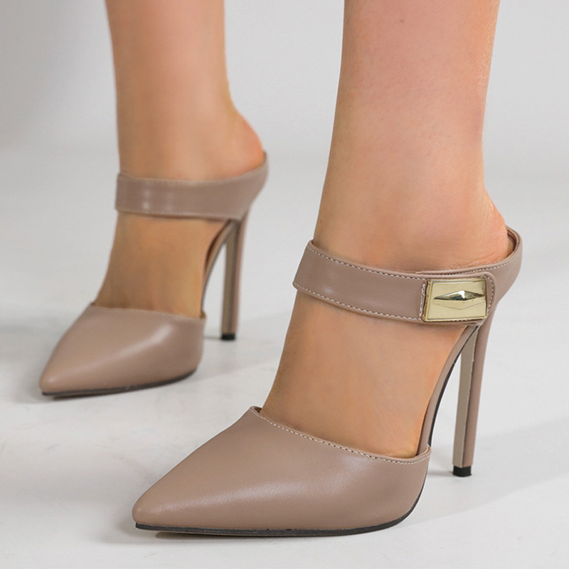 Shoeswoon Pointed Toe Cutout Strap Mules with Metal Buckle Stiletto Heel Mules