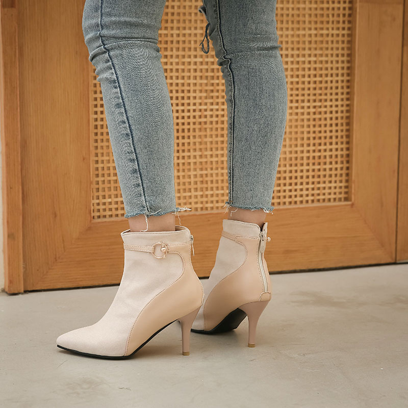 Shoeswoon Mixed‑Texture Pointed Toe Ankle Booties Metal Buckle Stiletto Heels