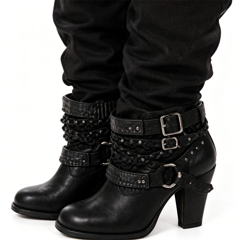 Shoeswoon Rhinestone Multi‑Buckle Slouch Boots Ruched Shaft Side Zip Block Heel