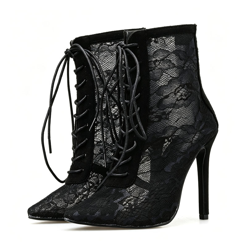 Shoeswoon Lace Mesh Pointed‑Toe Ankle Booties Lace‑Up Stiletto Heel