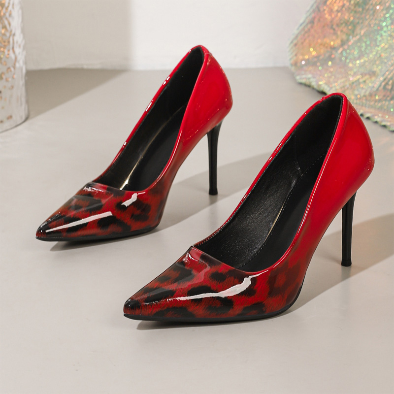 Shoeswoon Pointed Toe Leopard Print Patent Stiletto Heels