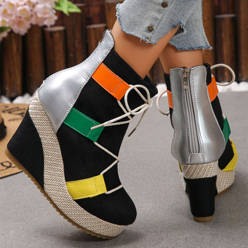 Shoeswoon Trendy Front Lace Up Textured Upper Platform Wedge Boots