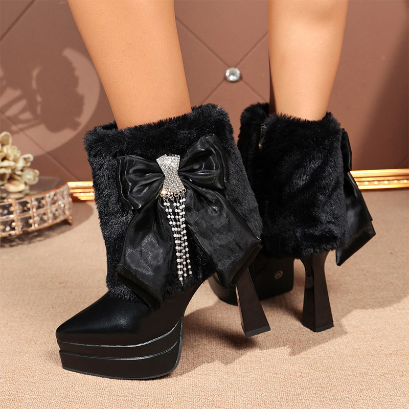 Shoeswoon Winter Fluffy Fur Trim Large Bow Crystal Tassel Double Platform Ankle Boots