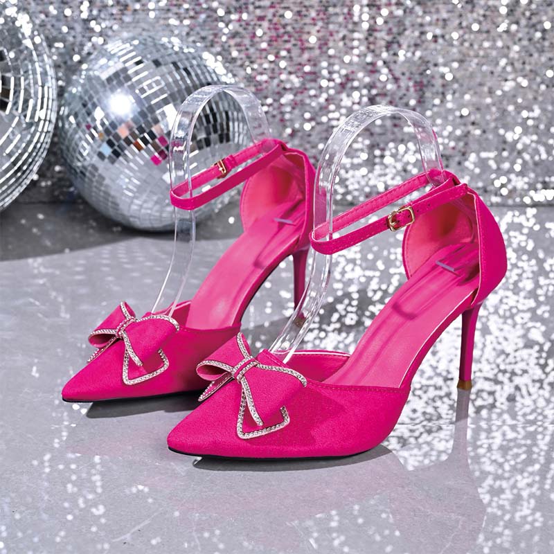 Shoeswoon Rhinestone Bow Embellished Pointed Toe Ankle Strap Stiletto Heels
