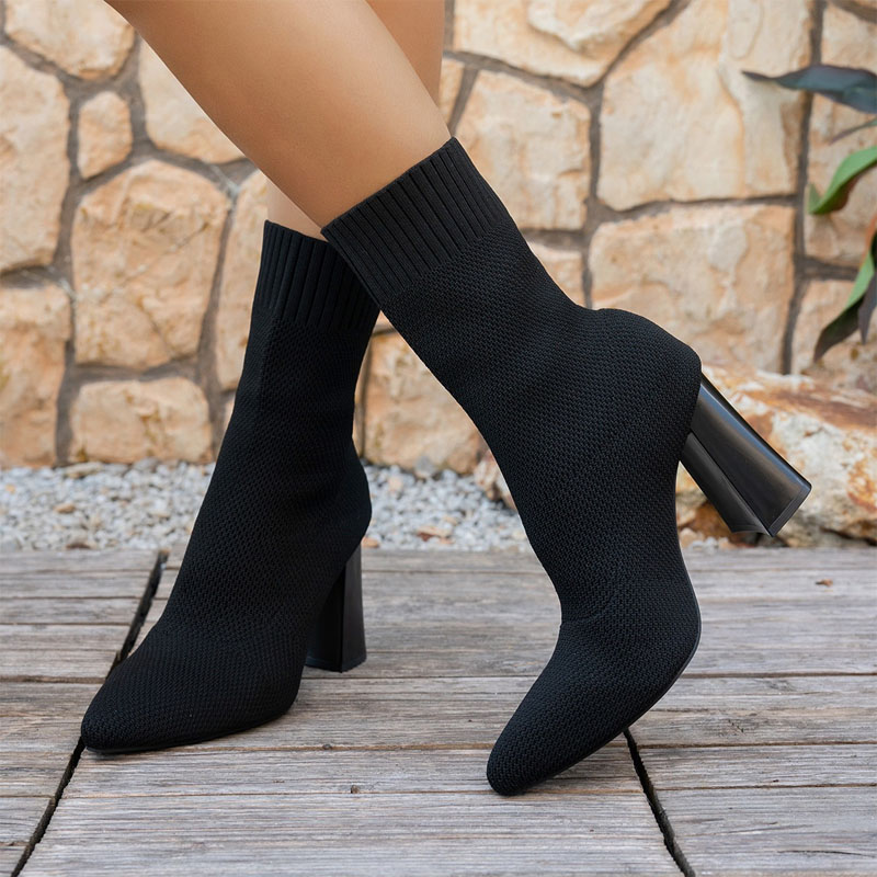 Shoeswoon Knit Sock Pointed Toe Block Heel Ankle Boots