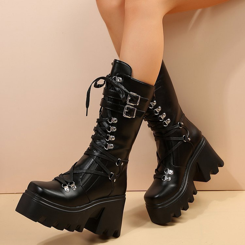 Shoeswoon Gothic Multi Buckle Lace Up Platform Mid Calf Boots