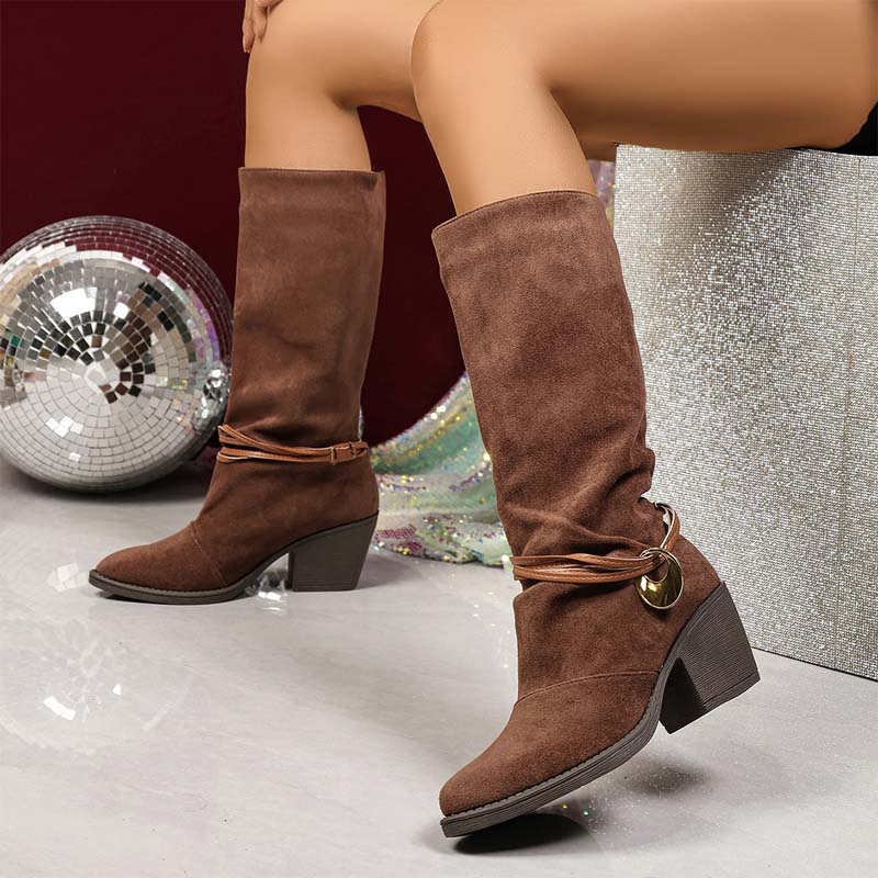 Shoeswoon Ruched Shaft Strap Decor Block Heel Mid Calf Boots