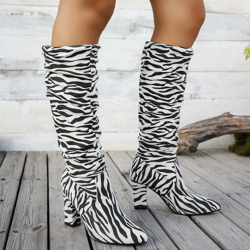 Shoeswoon Zebra Print Ruched Shaft Pointed Toe Block Heel Knee High Boots