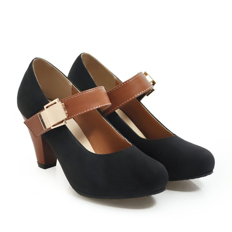 Shoeswoon Vintage Mary Jane Metal Buckle Round Toe High Heels