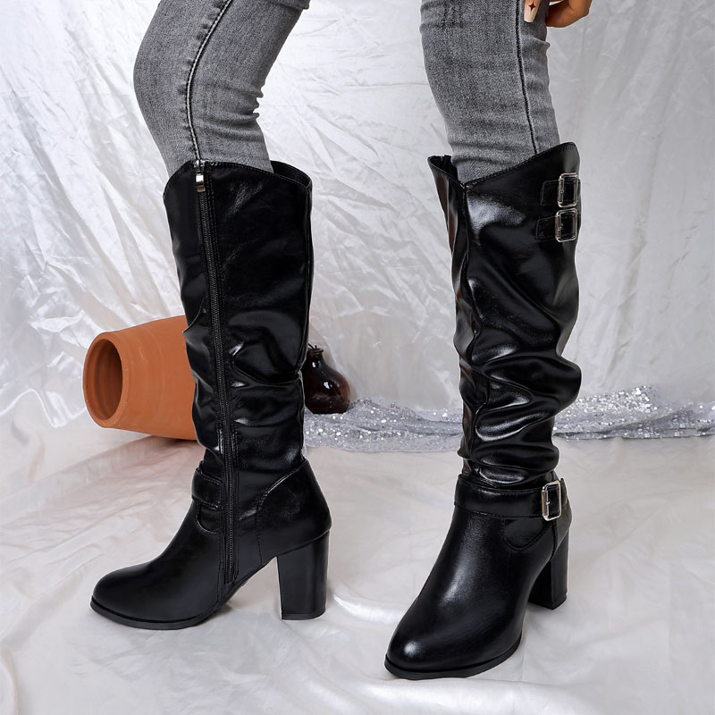 Shoeswoon Vintage Ruched Shaft Metal Buckle Side Zip Block Heel Boots