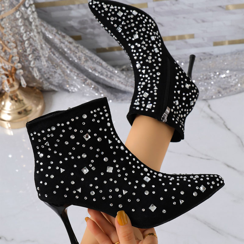 Shoeswoon Party Glitter Rhinestone Decor Pointed Toe Slim Heel Ankle Boots