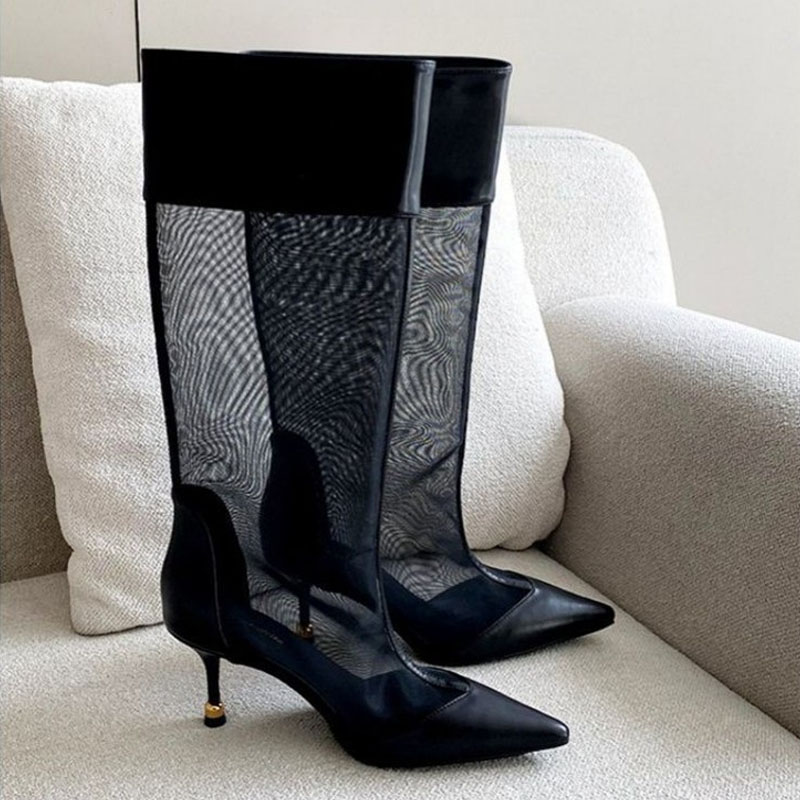 Shoeswoon Mesh Patchwork Pointed Toe Metal Tip Stiletto Knee High Boots