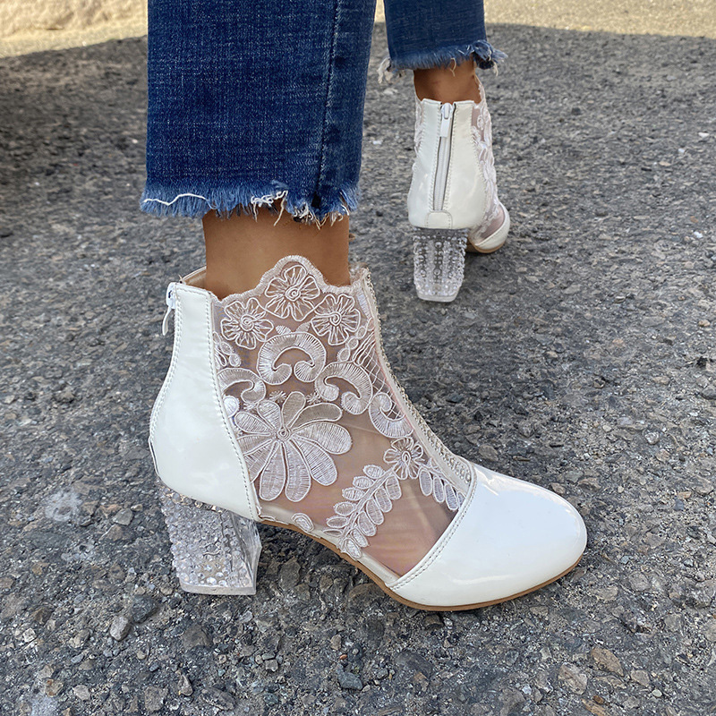 Shoeswoon Floral Lace Mesh Panel Rhinestone Chunky Block Heel Ankle Boots