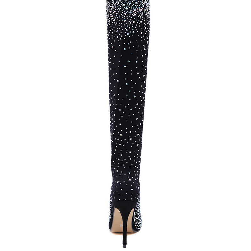 Shoeswoon Full Rhinestone Pointed Toe Stiletto Stretch Over The Knee Boots