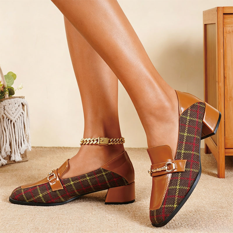 Shoeswoon Plaid Fabric & Patent Spliced Gold Chain Decor Slip‑On Mid Block Heel Women's Loafer Shoes