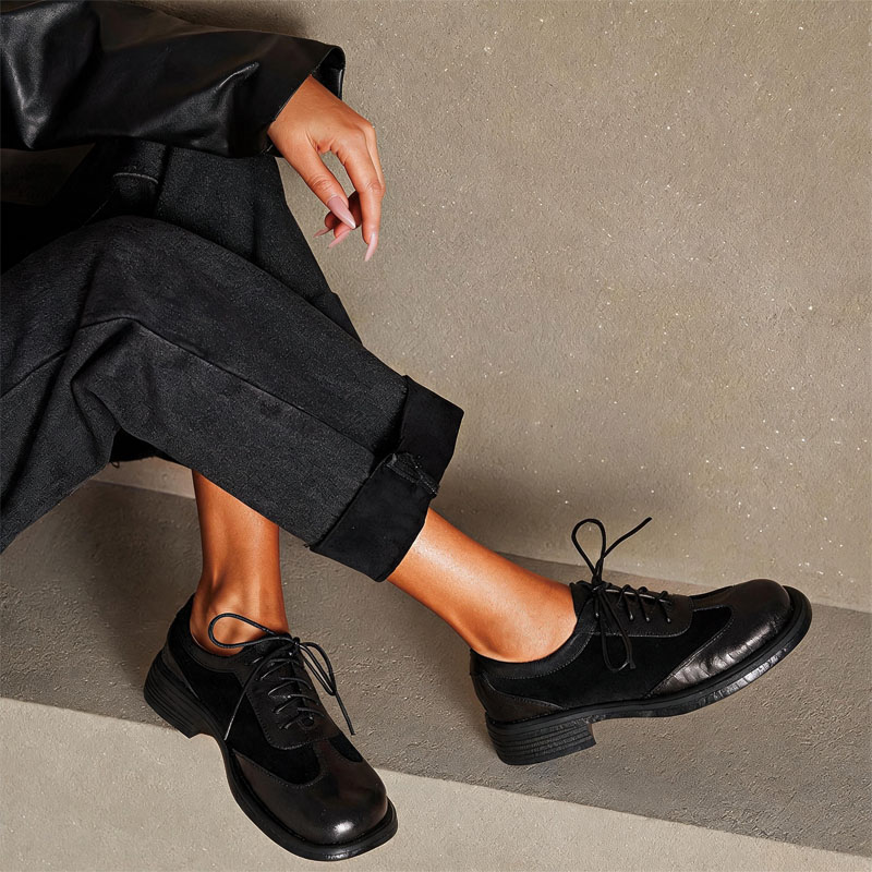 Shoeswoon Vintage Mixed‑Material Brogue Round Toe Lace‑Up Chunky Sole Women Retro Oxfords