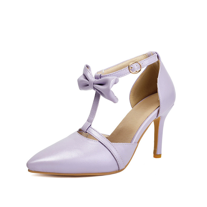 Shoeswoon T‑Strap Bow Ankle Strap Pointed Toe Stiletto Wedding Pumps
