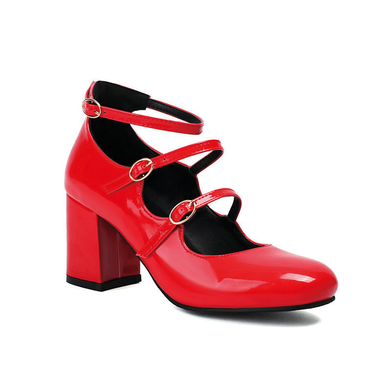 Shoeswoon Round Toe Triple Strap Patent Mary Janes Mid Block Heel
