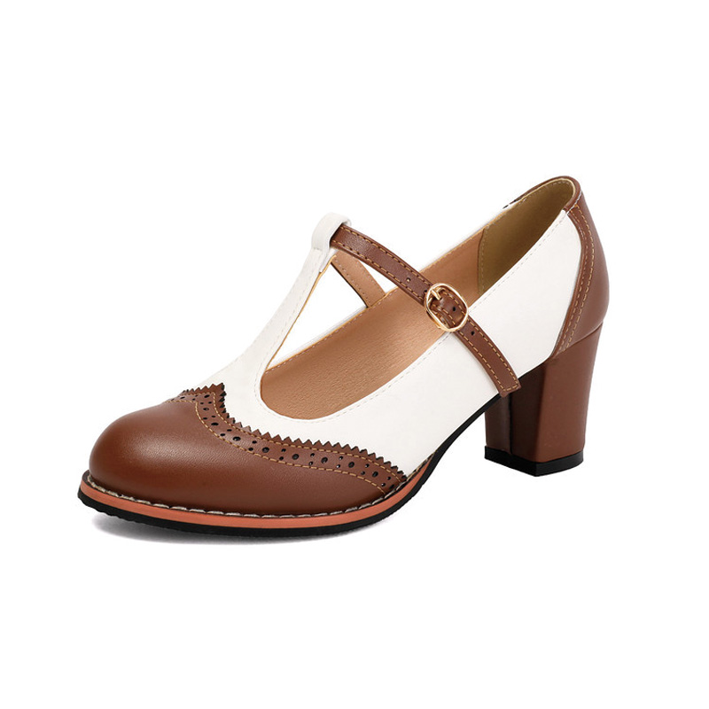Shoeswoon Round Toe Retro Saddle T‑Bar Mary Janes Mid Block Heel