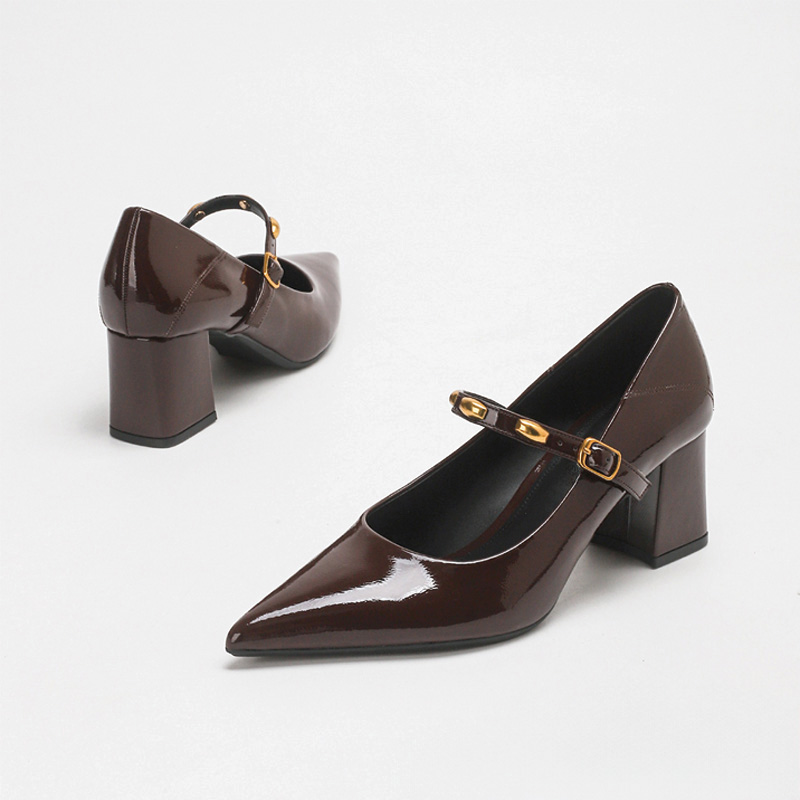 Shoeswoon Pointed Toe Glossy Patent Mary Janes Gold Decor Strap Mid Block Heel
