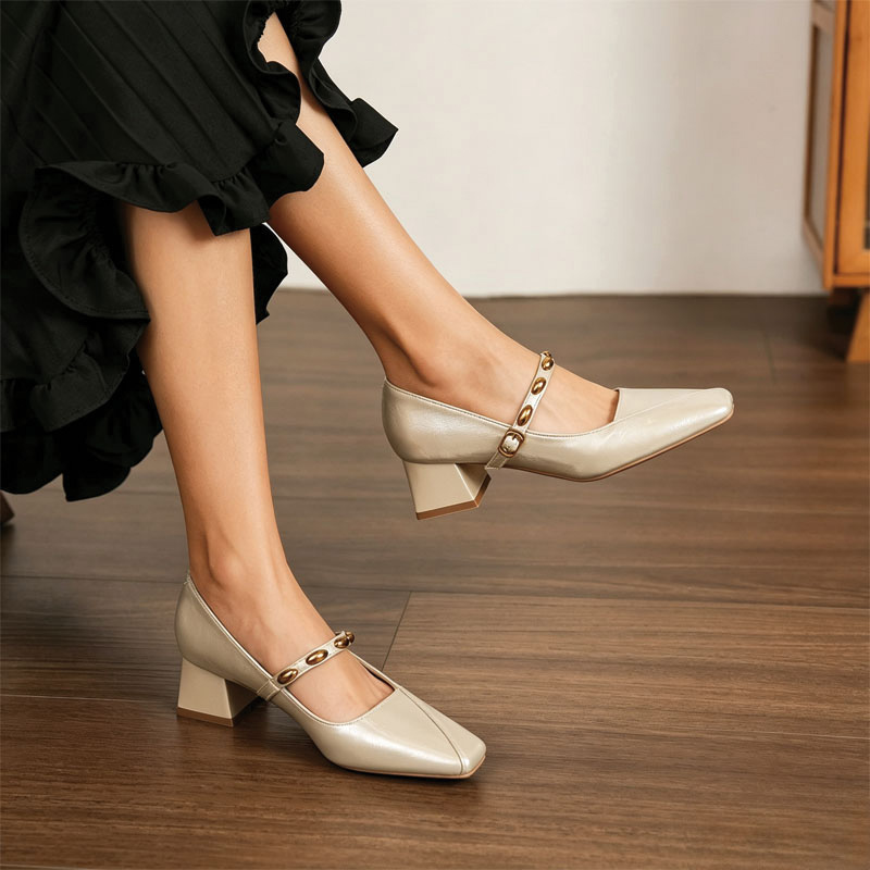 Shoeswoon Gold Metal Bead Strap Square Toe Block Heel Mary Jane Pumps