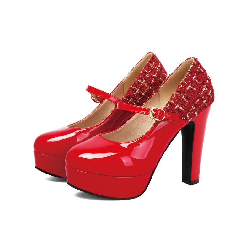 Shoeswoon Round Toe Heart‑Buckle Mary Janes Two‑Tone Platform High Block Heel