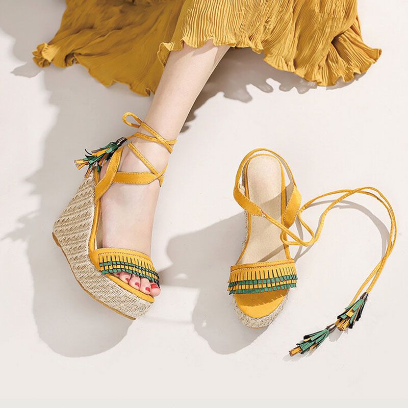 Shoeswoon Striped Tassel Lace Up Ankle Wrap Woven Jute Espadrille Wedge Sandals