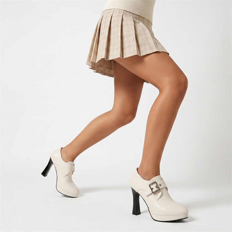 Shoeswoon Monk Strap Platform High Heel Booties Flare Heel