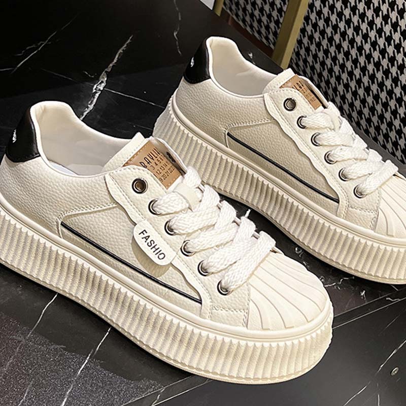 Shoeswoon Retro Shell Head Thick‑Ridged Sole Faux‑Leather Lace‑Up Chunky Fashion Sneakers