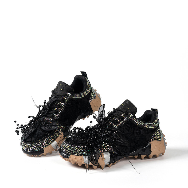 Shoeswoon Romantic 3D Floral Mesh Feather Pearl‑Crystal Decor Lace‑Up Fashion Sneakers
