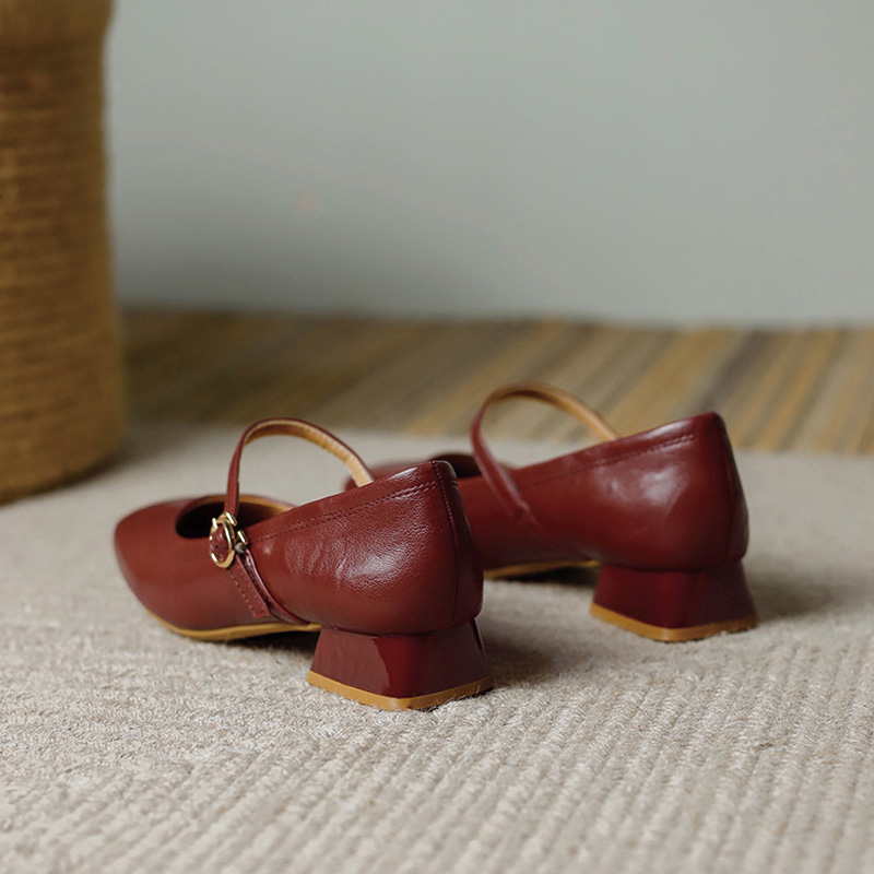 Shoeswoon Soft Leather Mary Janes Adjustable Buckle Instep‑Strap Low Heel Daily Shoes
