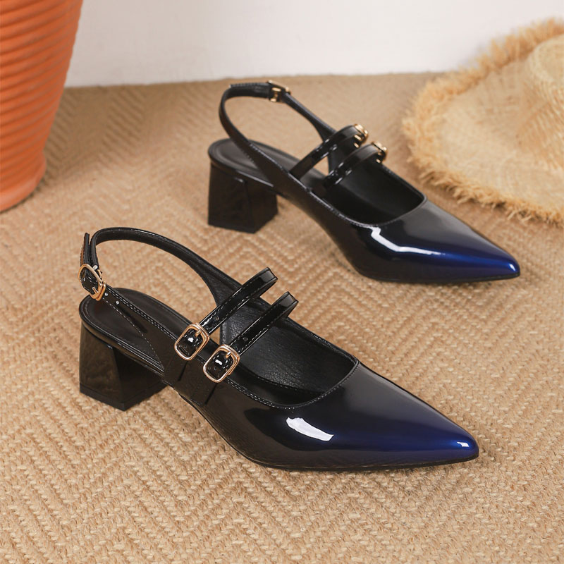 Shoeswoon Patent Slingback Mary Janes Dual Adjustable Buckle Straps Mid Block Heel Shoes