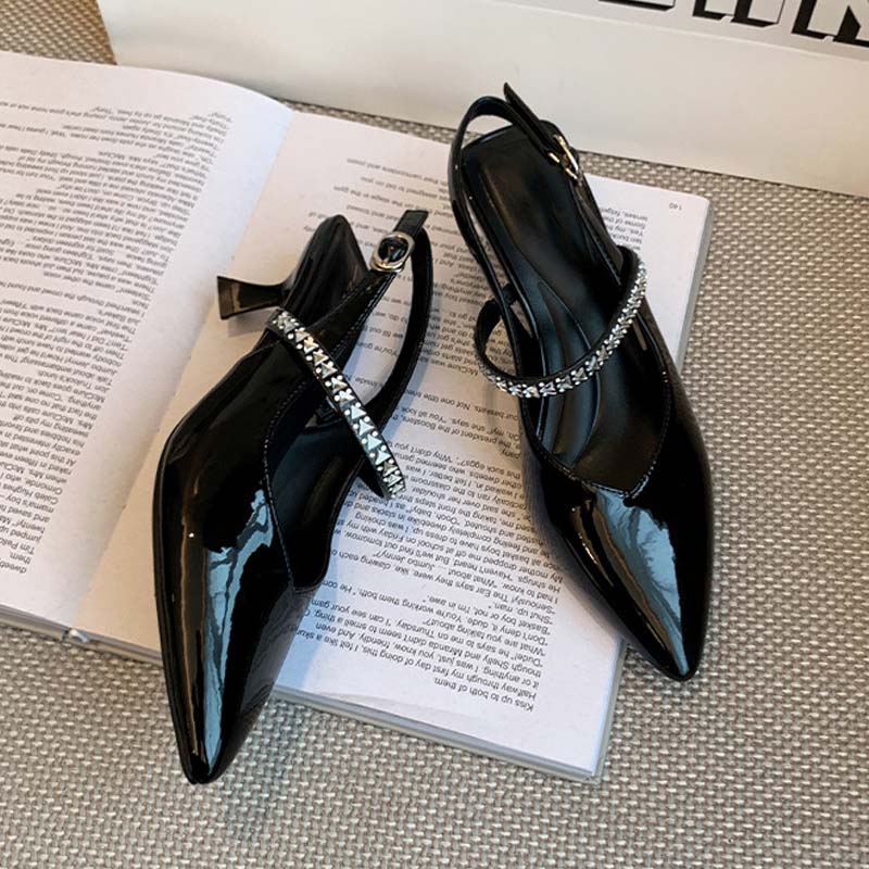 Shoeswoon Rhinestone Strap Pointed Toe Slingback Kitten Heels