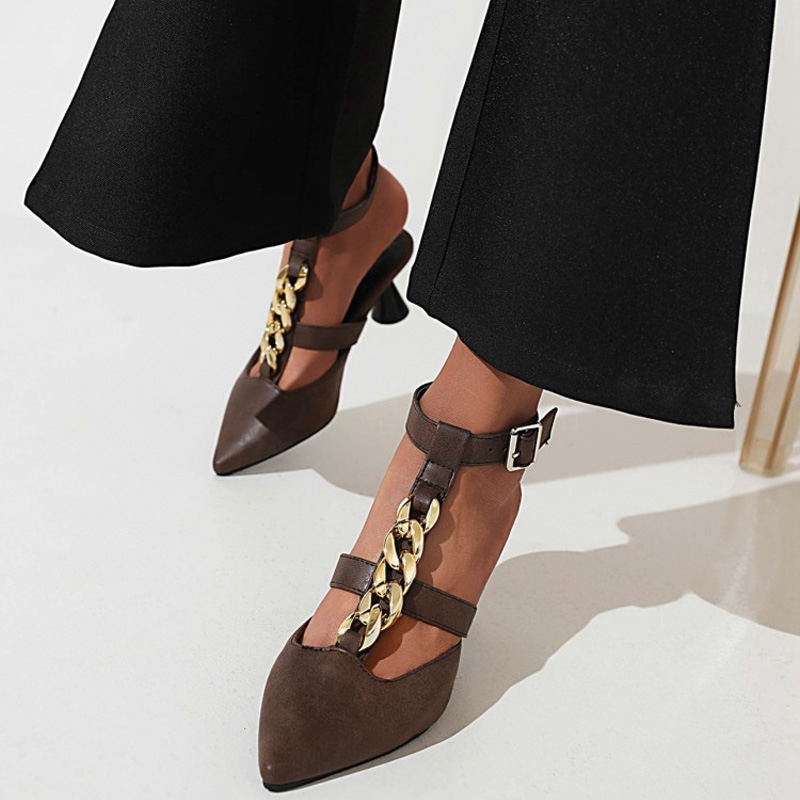 Shoeswoon Metal Chain Pointed Toe T‑Strap Ankle Strap Heels