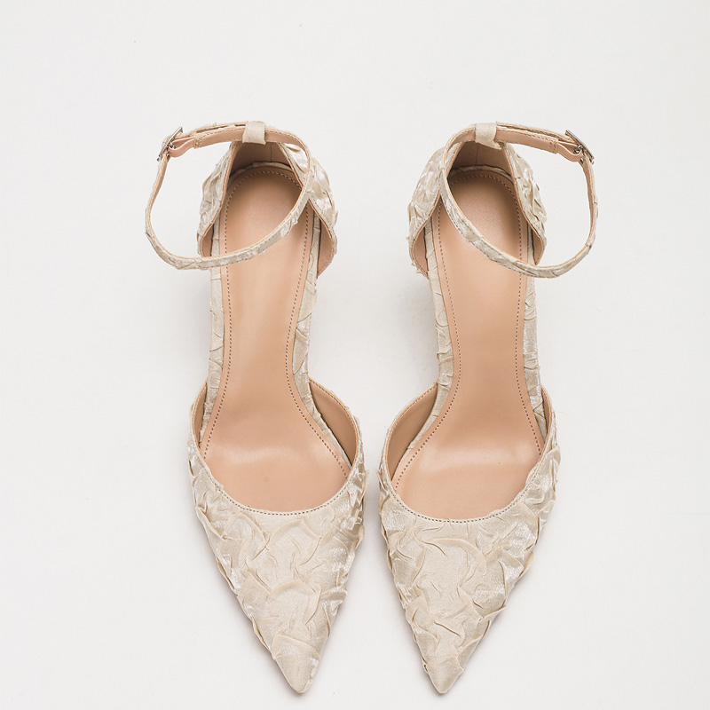 Shoeswoon Textured Lace Pointed Toe Ankle Strap Slingback Stiletto Pumps