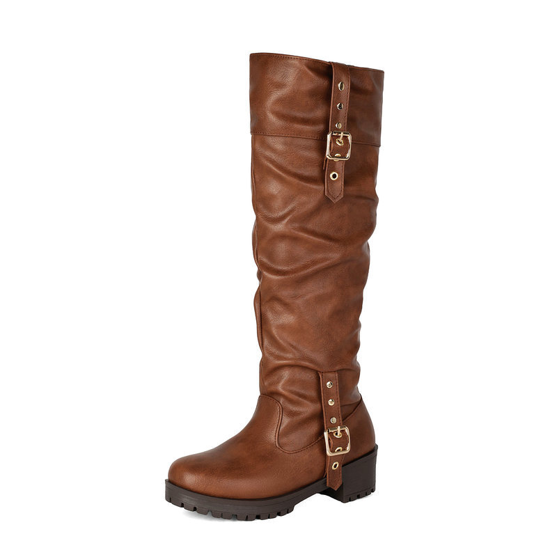 Shoeswoon Slouchy Multi‑Buckle Platform Block Heel Knee‑High Boots