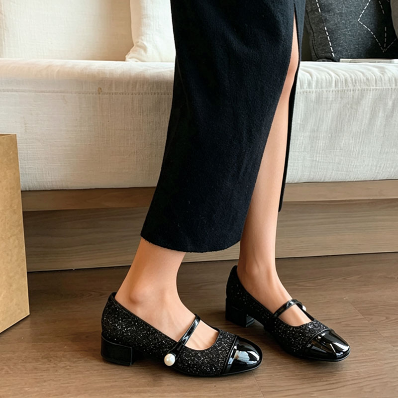 Shoeswoon Pearl‑Decor Two‑Tone Square Toe Low Block Heel Mary Jane Pumps