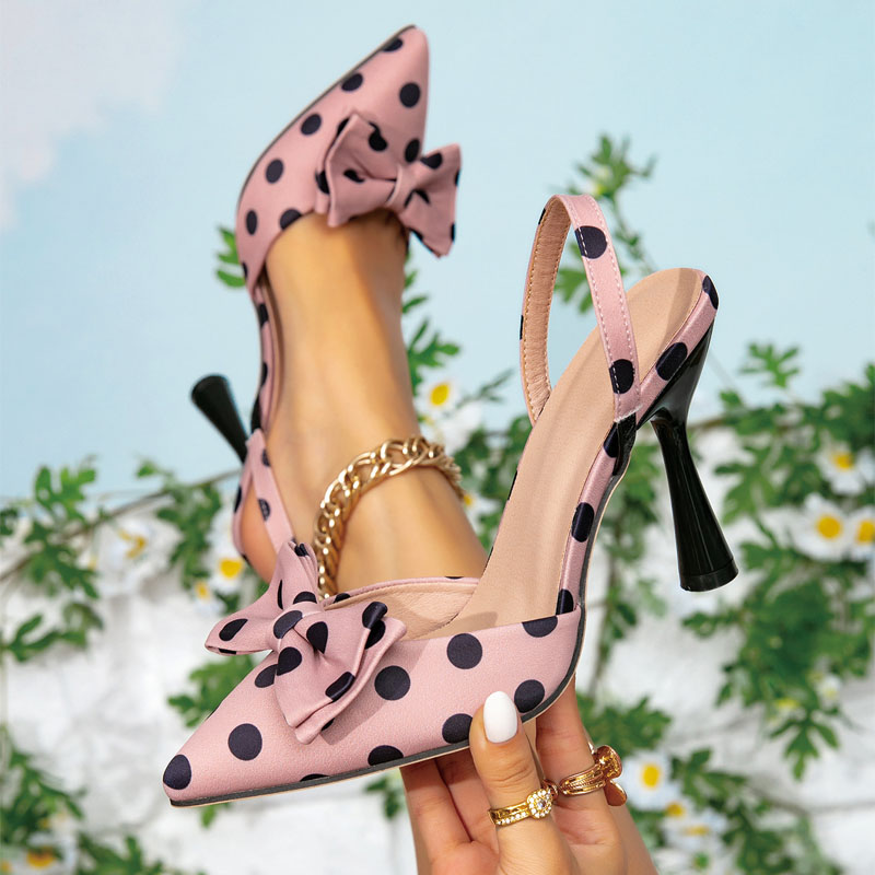Shoeswoon Polka Dot Bow Slingback High Heels Pointed Toe Flared Heel Pumps
