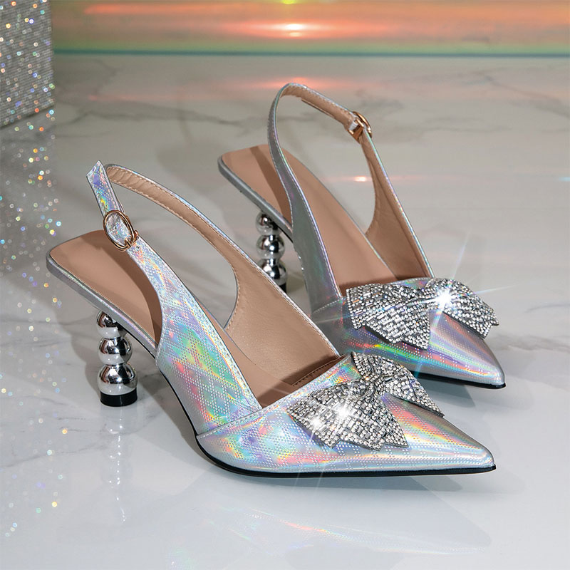 Shoeswoon Rhinestone Bow Slingback High Heels Pointed Toe Bead Sculpted Heel Pumps