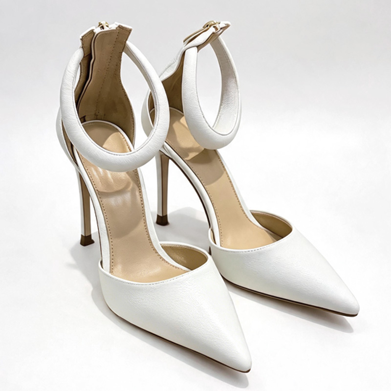 Shoeswoon Pointed Toe Hollow Out Big Ring Ankle Loop Back Zip Stiletto High Heel Mules