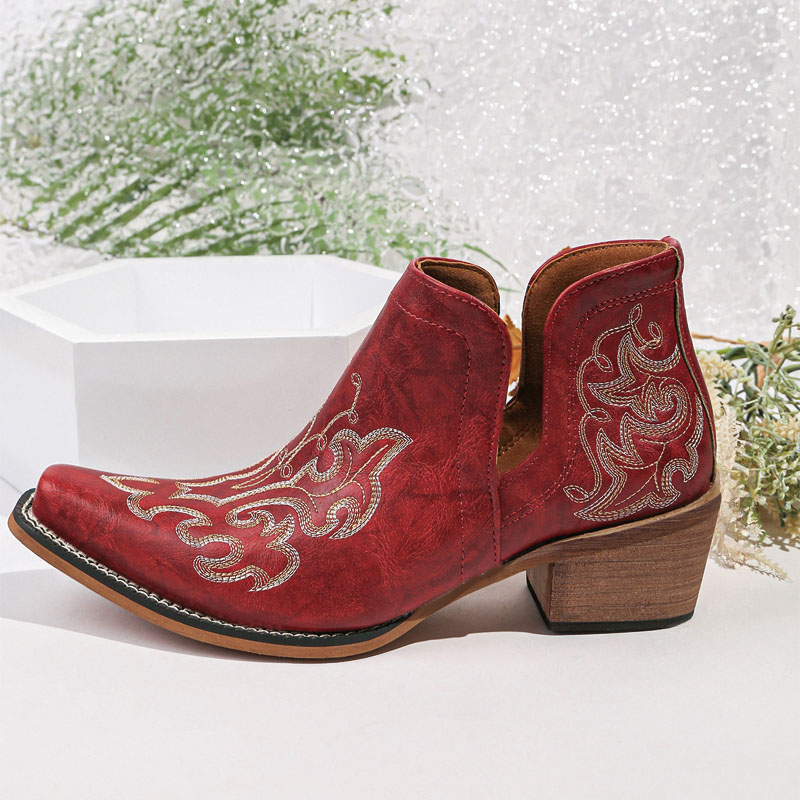 Shoeswoon Embroidery Western Ankle Booties Cut‑Out Stacked Block Heel