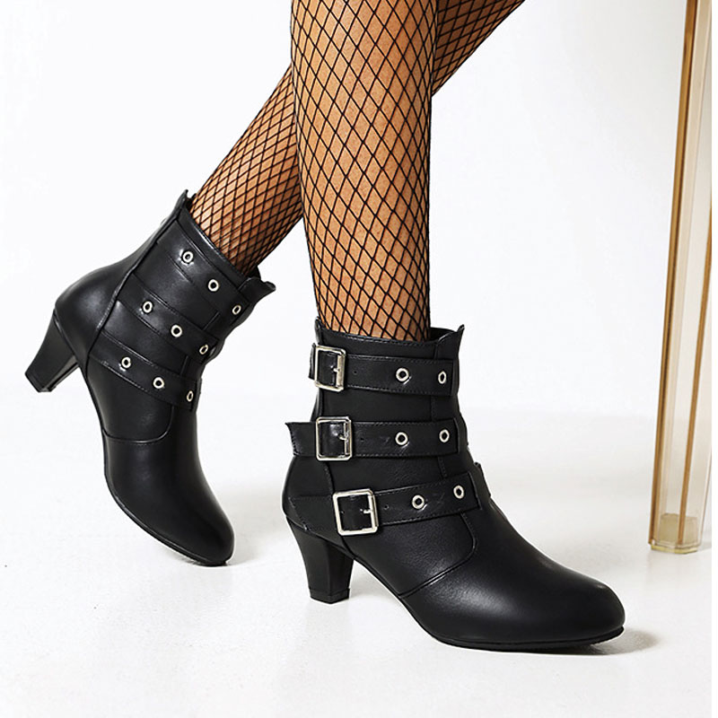 Shoeswoon Multi‑Buckle Plaid Panel Ankle Booties Block Heel Back Zipper