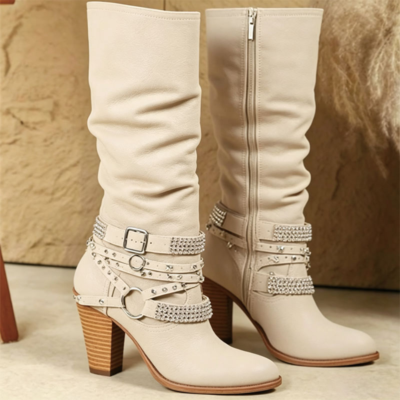 Shoeswoon Rhinestone Multi‑Buckle Slouch Boots Ruched Shaft Side Zip Block Heel