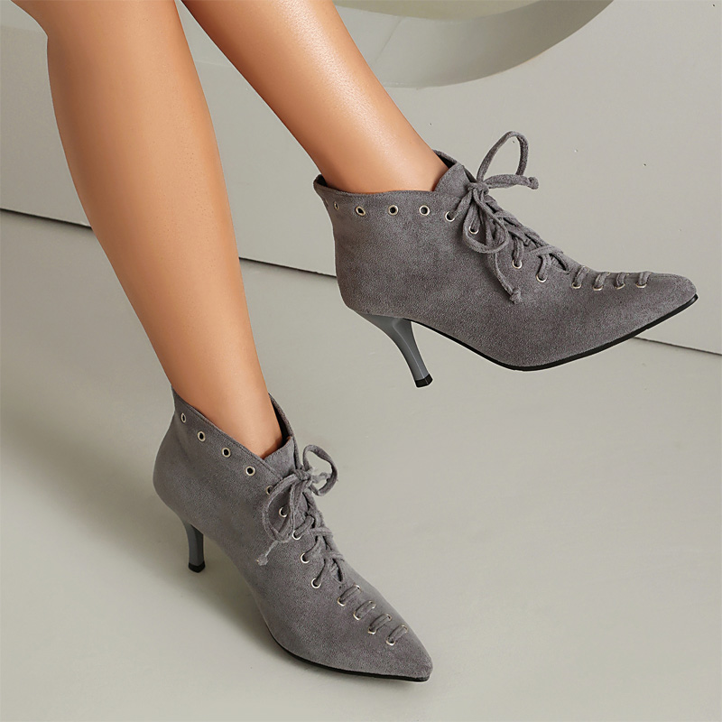 Shoeswoon Pointed Toe Lace‑Up Ankle Booties Eyelet Decor Stiletto Heel