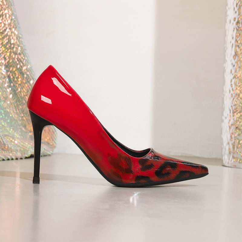 Shoeswoon Pointed Toe Leopard Print Patent Stiletto Heels