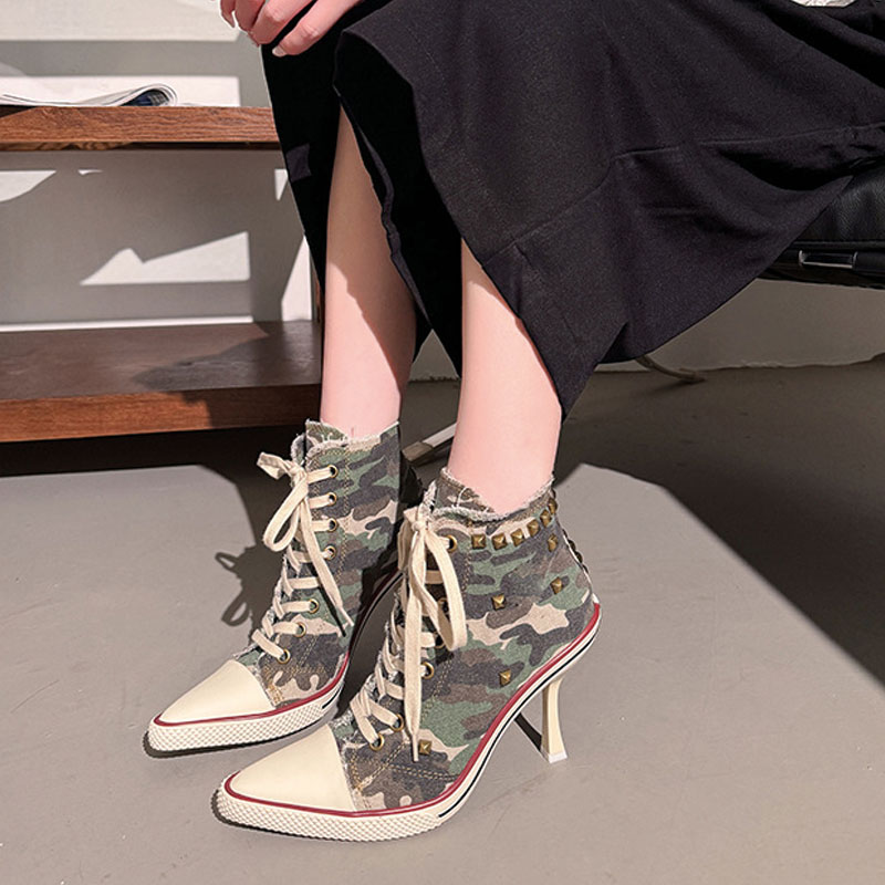 Shoeswoon Camo Canvas High‑Top Stiletto Heel Sneaker Boots Studded Fringe Trim